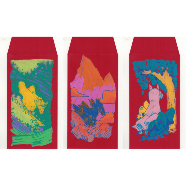 Three red envelopes with colorful artistic designs on a white background