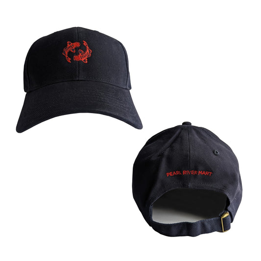 Pearl River Mart Vintage Logo Cap. Navy cap with embroidered red double fish logo. Pearl River Mart is embroidered on the back.