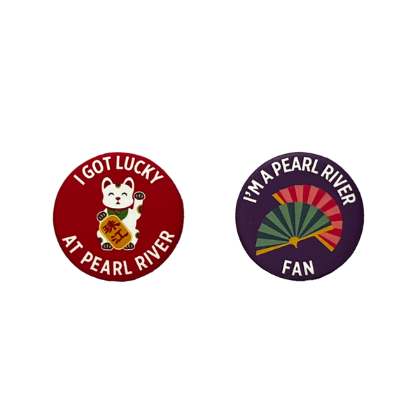 Red and purple pins with wording and graphics