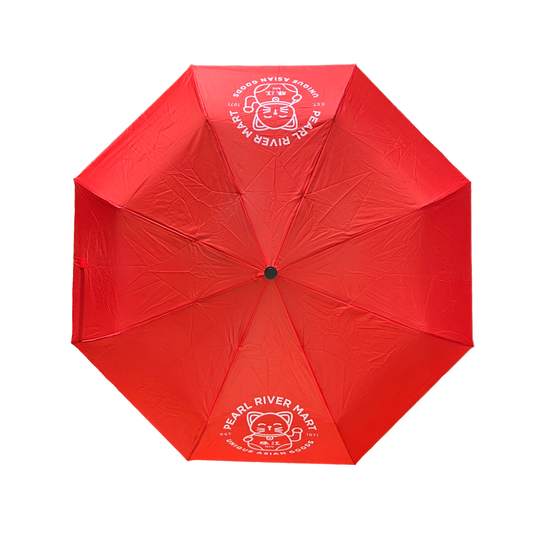 Red umbrella with brand logo on a white background