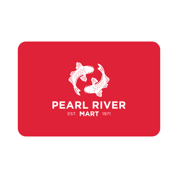 Red card with Pearl River Mart logo featuring two fish on a white background