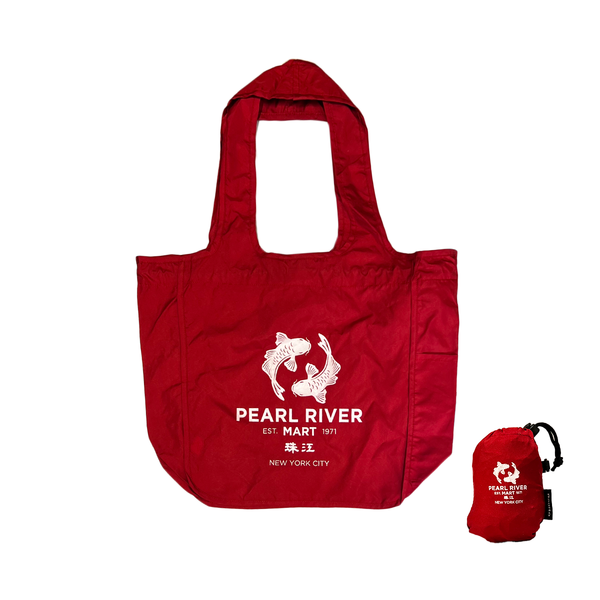 Red tote bag with 'Pearl River' branding on a white background