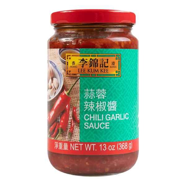 Jar of Lee Kum Kee chili garlic sauce with a red lid on a white background