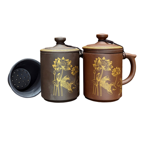 Yixing Clay Koi and Lotus Design Mug with Lid and Infuser dark and light brown