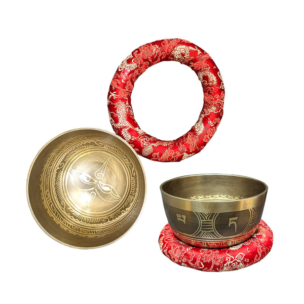 Hand-Hammered Tibetan Singing Bowl with brocade ring pillow