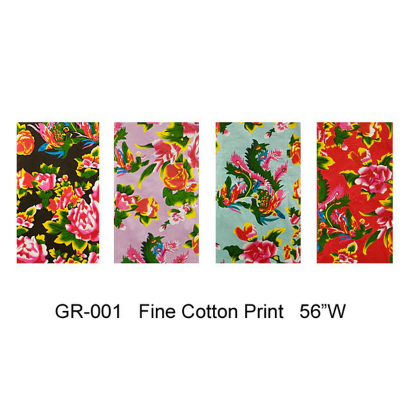 Peony Phoenix Print Cotton Fabric 56"W in 4 colors. From left to right: black, lilac, light blue, and red