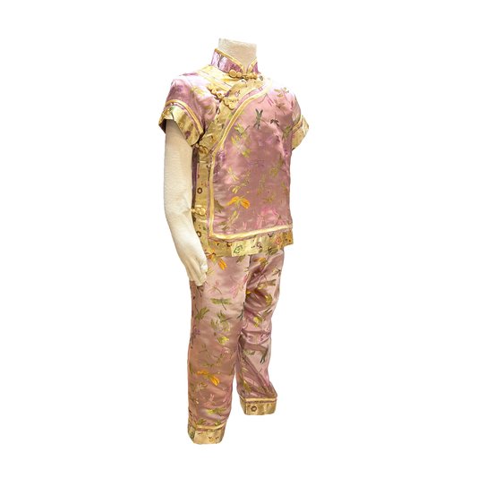 Traditional kids outfit in pink with gold trim and multicolor dragonflies on white mannequin