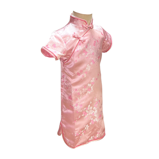 Pink Short Sleeve Brocade Girls Dress with Blossom Pattern