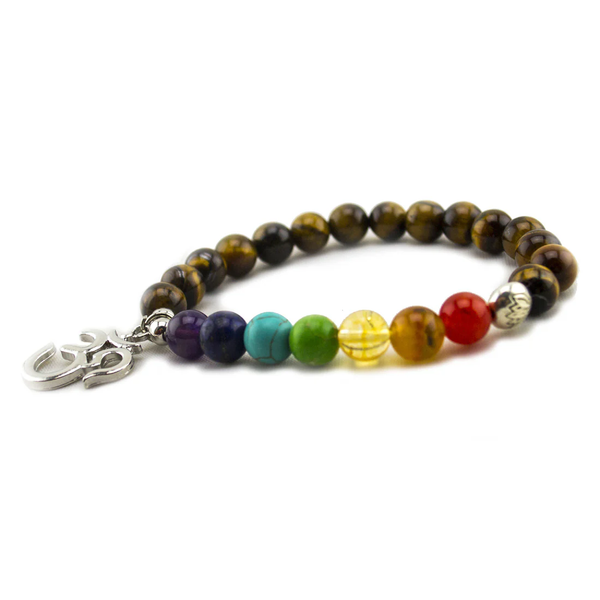 Tiger's eye bead bracelet with colorful beads and om pendant