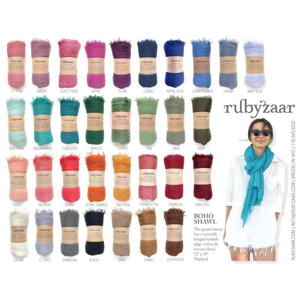 Rubyzaar Boho Organic Shawl Assorted Color Collection. Lady wears a turquoise shawl.