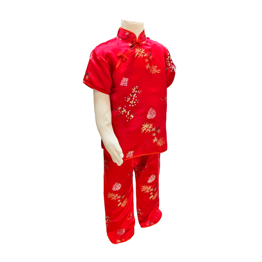 Traditional kids outfit in red with gold bamboo and floral design on white mannequin