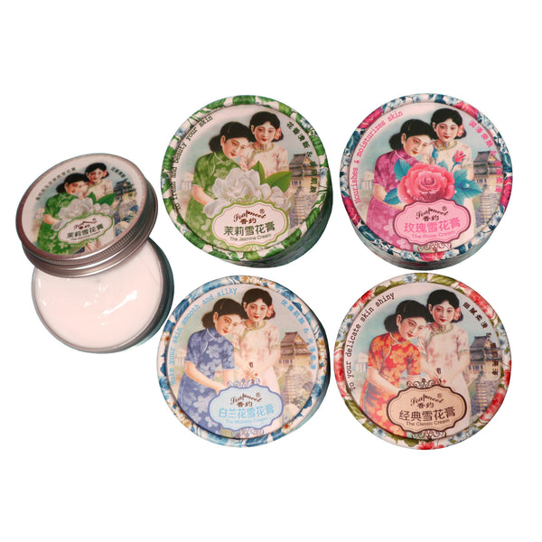 Four soapmeet facial creams: Classic, Jasmine, Michelia, and rose. An extra jasmine cream that's opened and is next to them .