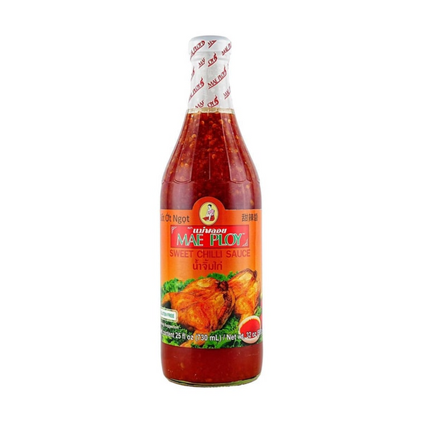 Bottle of Mae Ploy Sweet Chilli Sauce on a white background