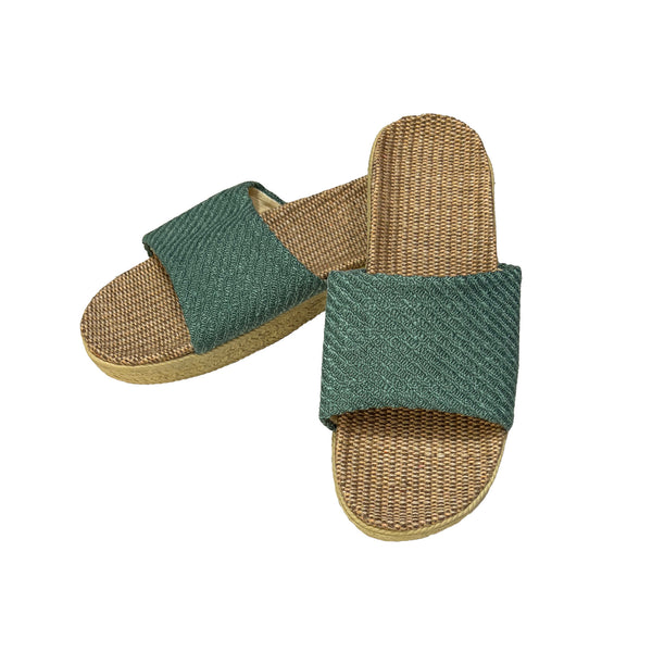Women's Wide Band Sliders with Woven Sole - Green