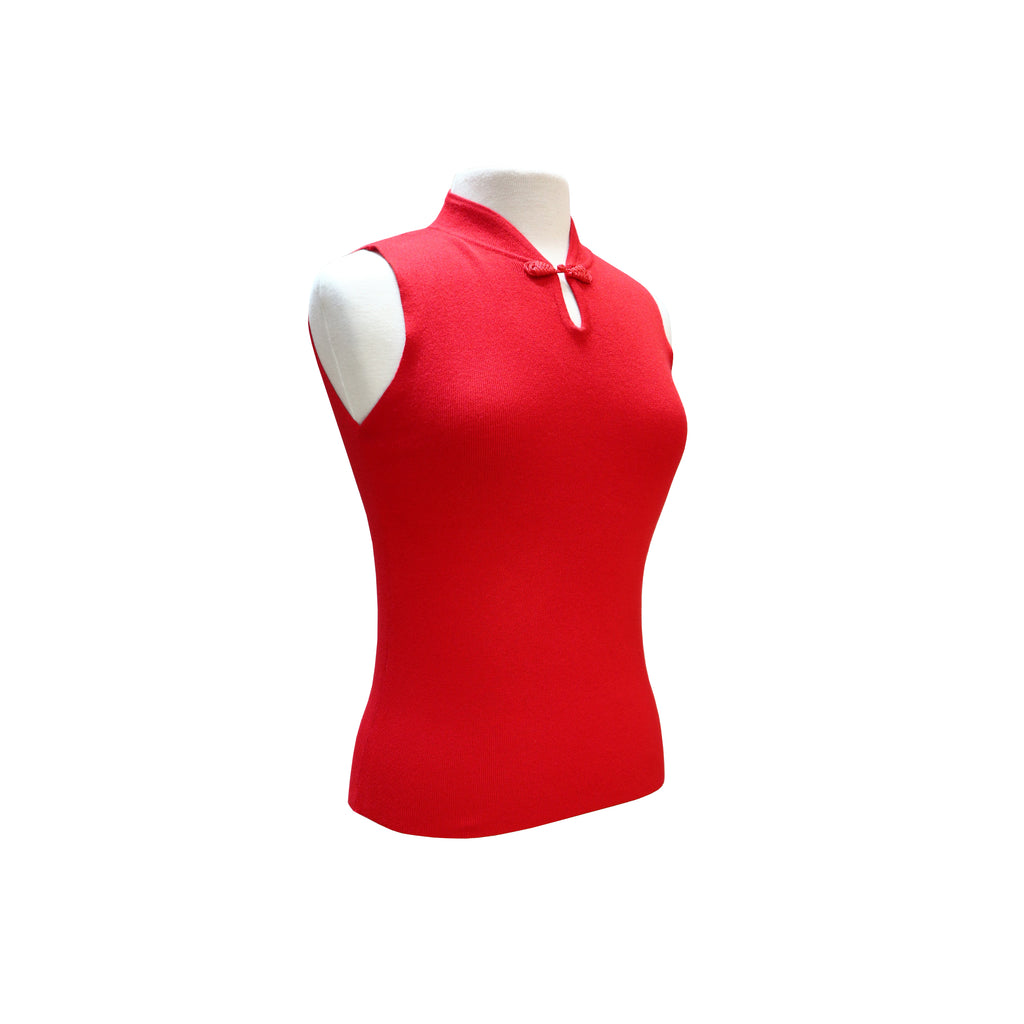 Sleeveless Knit Top with Pankou Button - Red