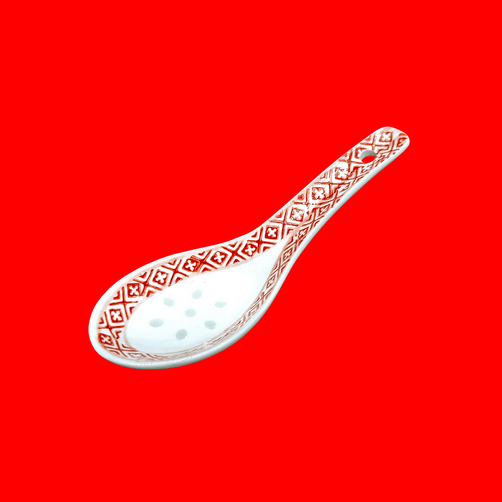 Red on White Ling Long Ceramic Soup Spoon