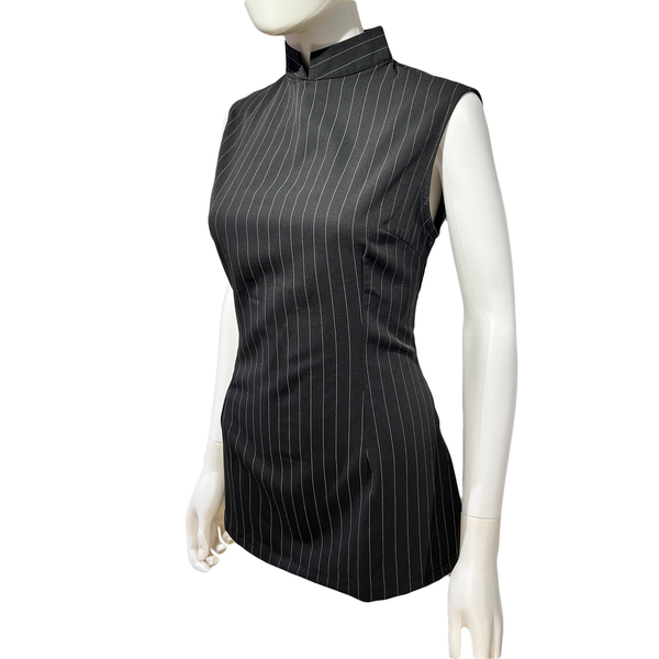 Sleeveless Pinstripe Qipao Top with Mandarin Collar