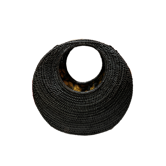 Black woven bag on a white background