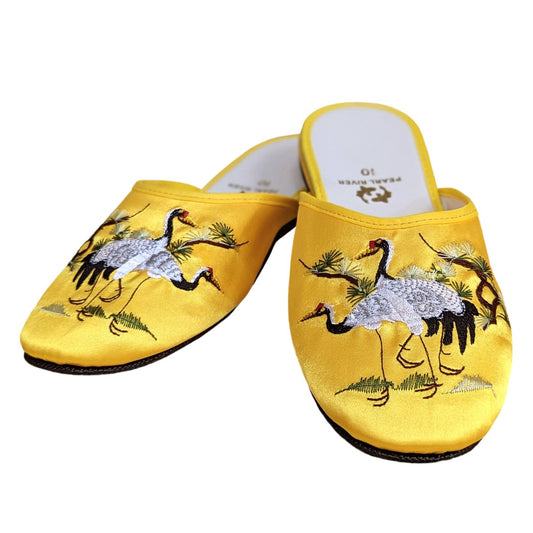 Pretty gold satin slippers with elegant crane embroidery