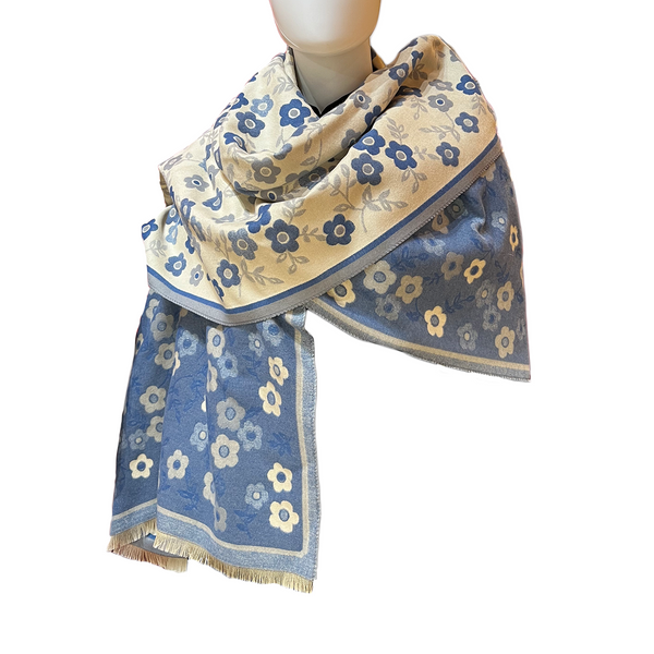 Floral patterned scarf on a mannequin with a white background