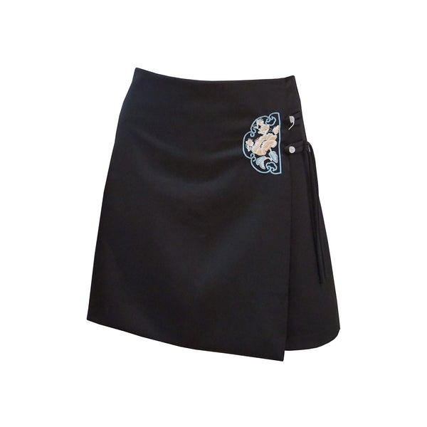Mini Skirt with Ivory Floral Frame Design - Onyx