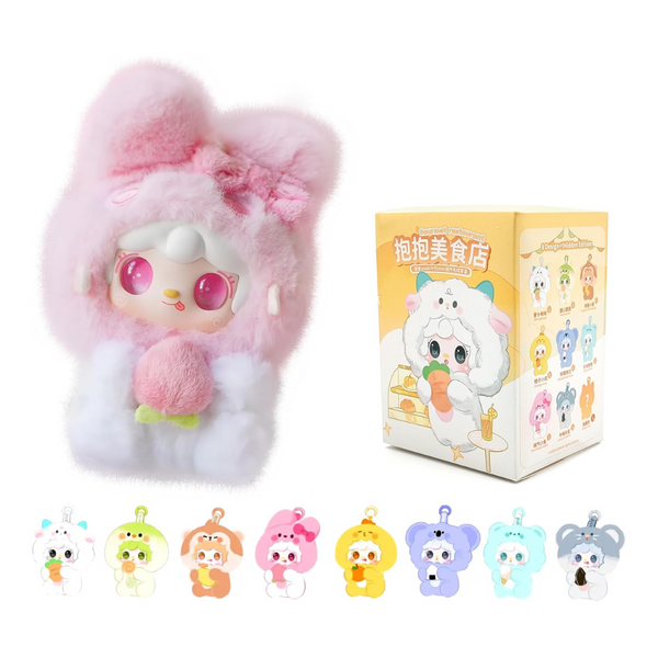 Plush toy with pink hair and a box featuring cartoon characters on a white background