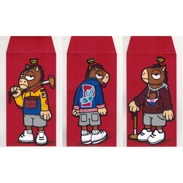 Three cartoon horse characters on red envelopes with different outfits and accessories.
