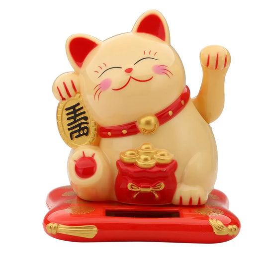 2.5 Inch Solar Power Lucky Cat - Yellow with Lucky Coin and Red Bag