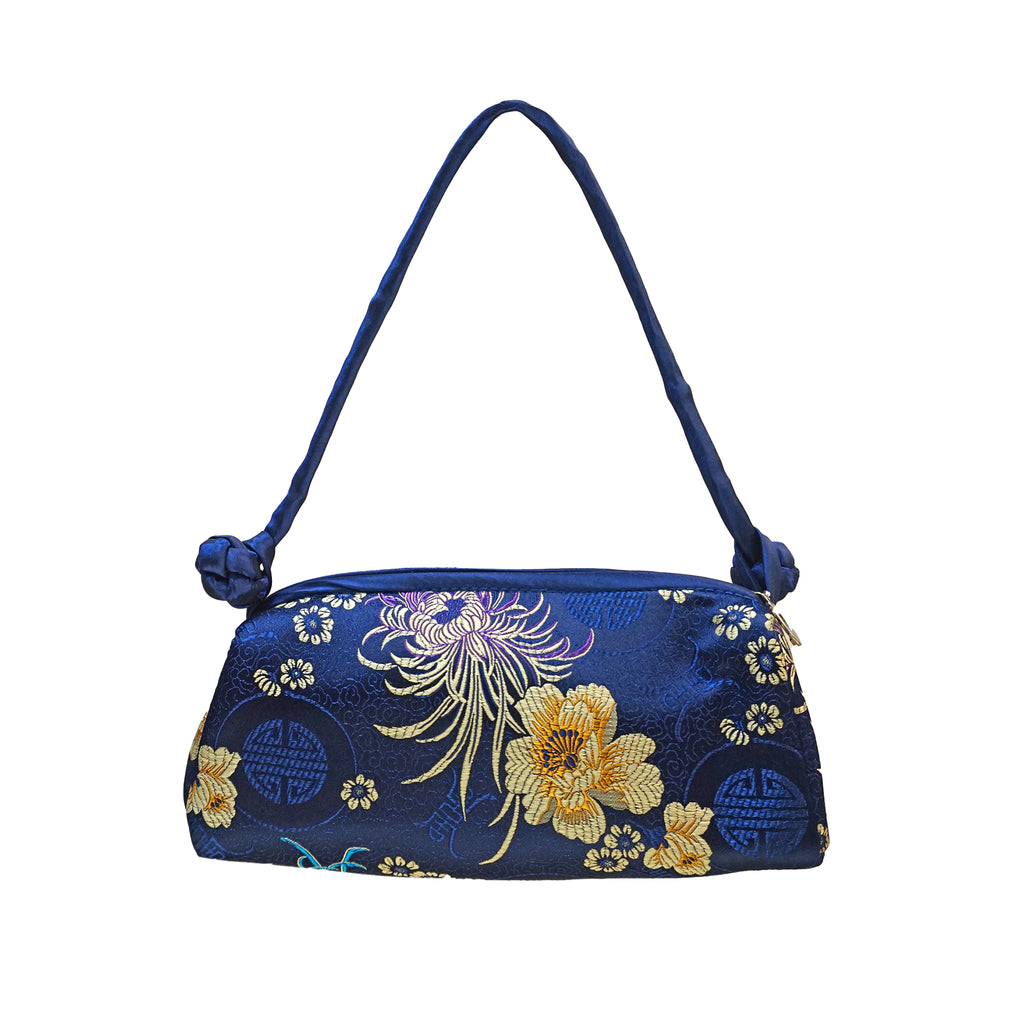 Brocade Mini Shoulder Bag with Floral and Longevity Design - Blue