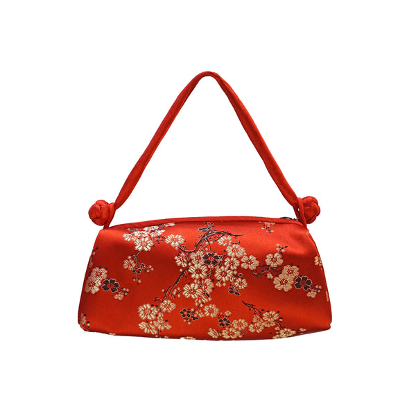 Brocade Mini Handbag Bag with White Blossom Design - Red