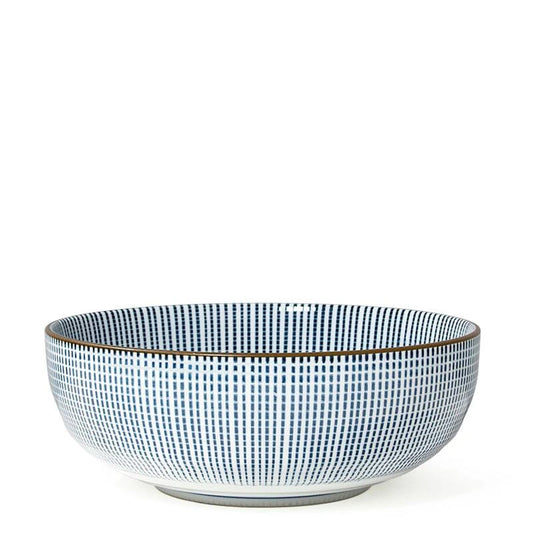 A ceramic bowl with a blue and white checkered grid pattern and a thin dark rim, photographed against a solid white background.