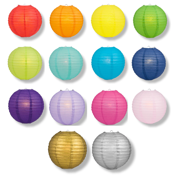 Assorted colorful paper lanterns on a white background