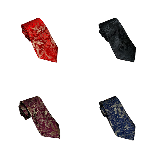 Four patterned ties in red, black, and blue on a white background