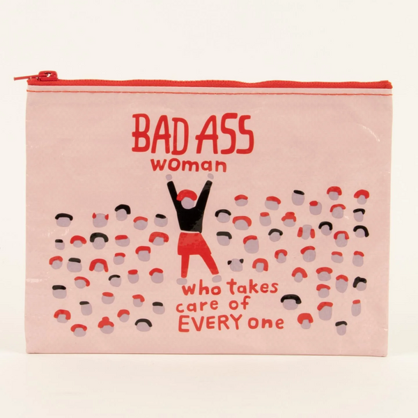 Pink pouch with text and cartoon people