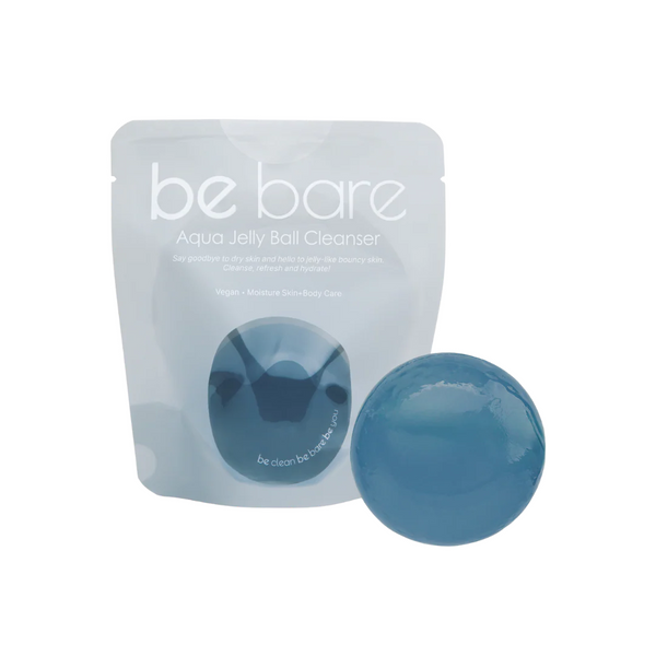 Be Bare Aqua Jelly Ball Cleanser packaging with a blue jelly ball on a white background