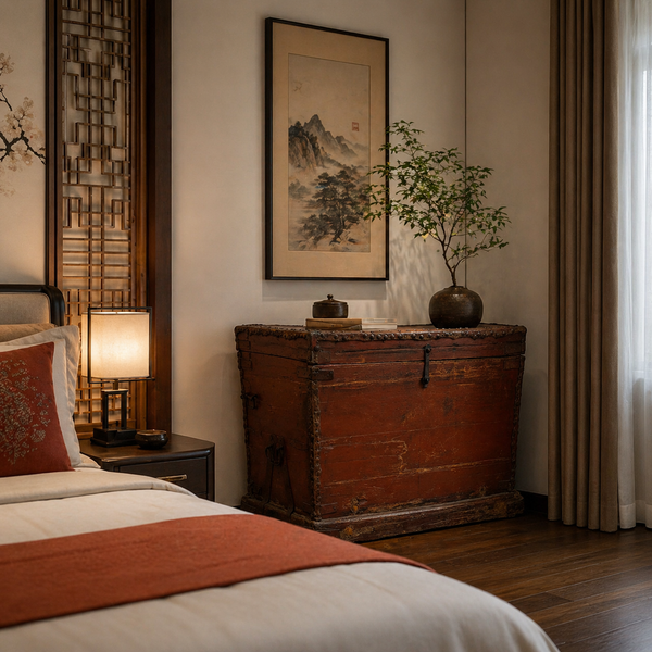 Bedroom with wooden trunk, lamp, and framed artwork on wall