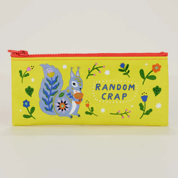 Yellow pencil case with a cartoon squirrel and floral designs on a white background