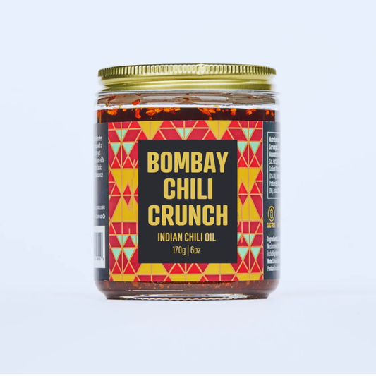 Jar of Bombay Chili Crunch Indian Chili Oil with colorful label on a light gray background