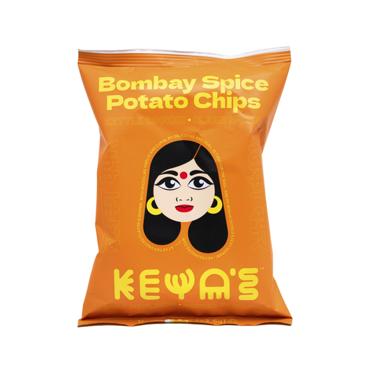 Pack of Bombay Spice Potato Chips with a face design on an orange background
