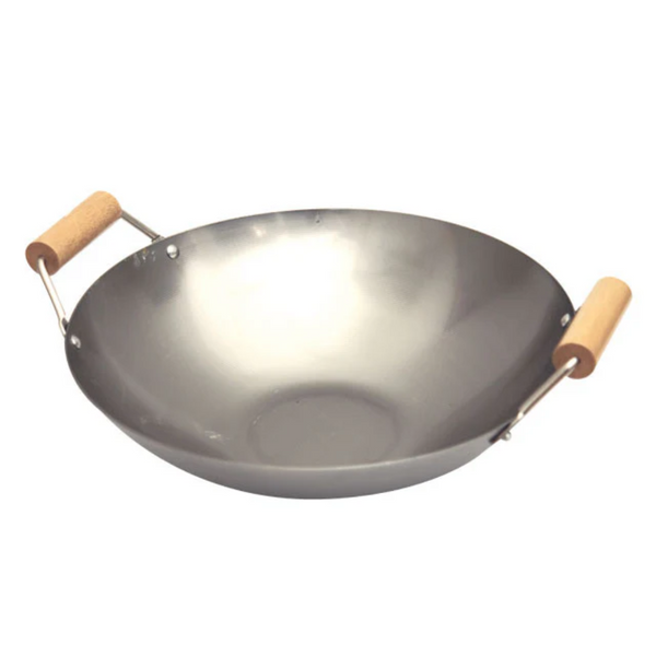 Stainless steel wok with wooden handles on a white background
