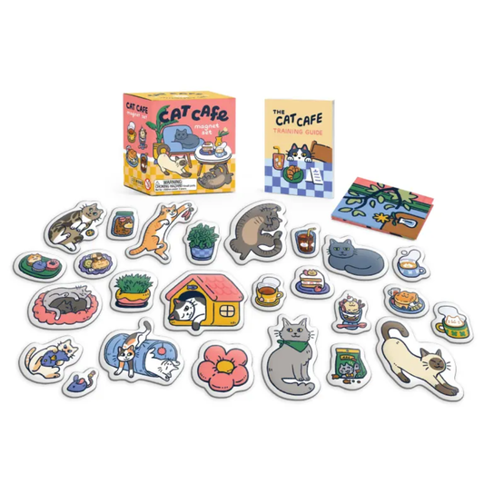 Cat Cafe magnet set, box, and book on a white background