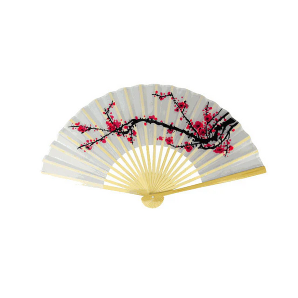 Lovely white fan with delicate black branch of pink blossoms