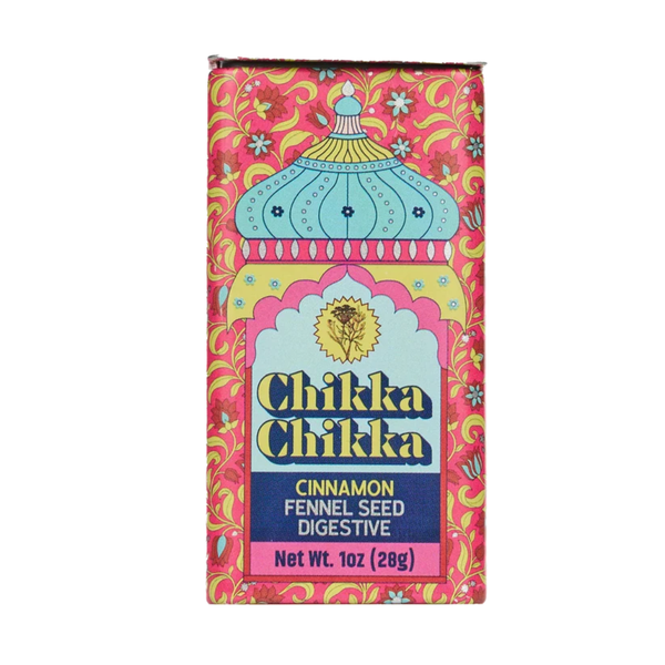 Colorful packaging of Chikka Chikka cinnamon fennel seed digestive on a white background