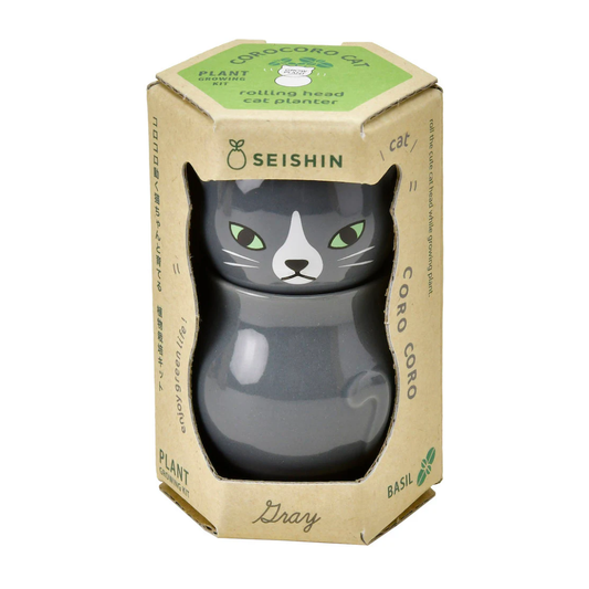 Cat-shaped planter in a cardboard box with Seishin branding