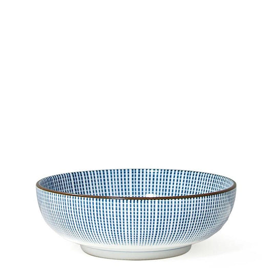 A ceramic bowl with a blue and white grid pattern and a thin dark rim, shown against a plain white background.