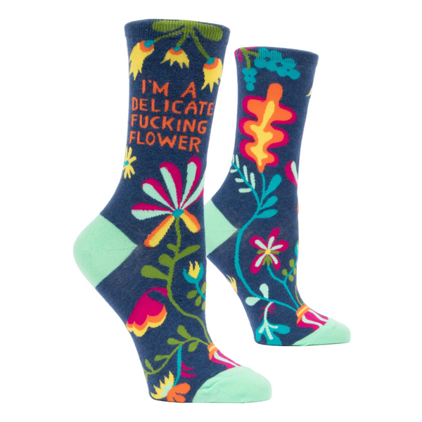 Colorful socks with floral patterns and text on a white background