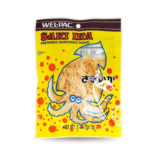 A 2 oz bag of Wel-Pac Saki Ika (prepared shredded squid) on a plain white background. The packaging is bright yellow with red and orange polka dots, a cartoon octopus, and a clear window showing the dried squid inside.