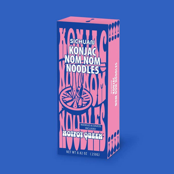 Box of Sichuan Konjac Nom Nom Noodles on a blue background