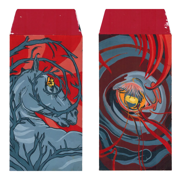 Two red envelopes with horse illustrations on a white background