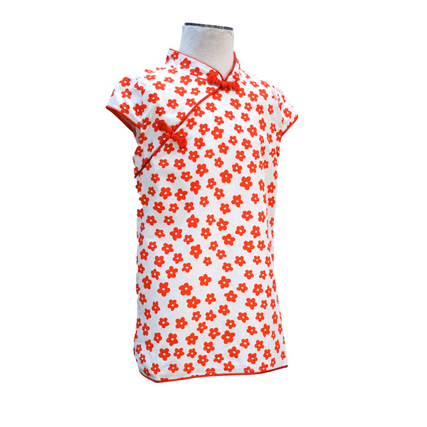 Girls Short Sleeve Qipao - Red Flowers